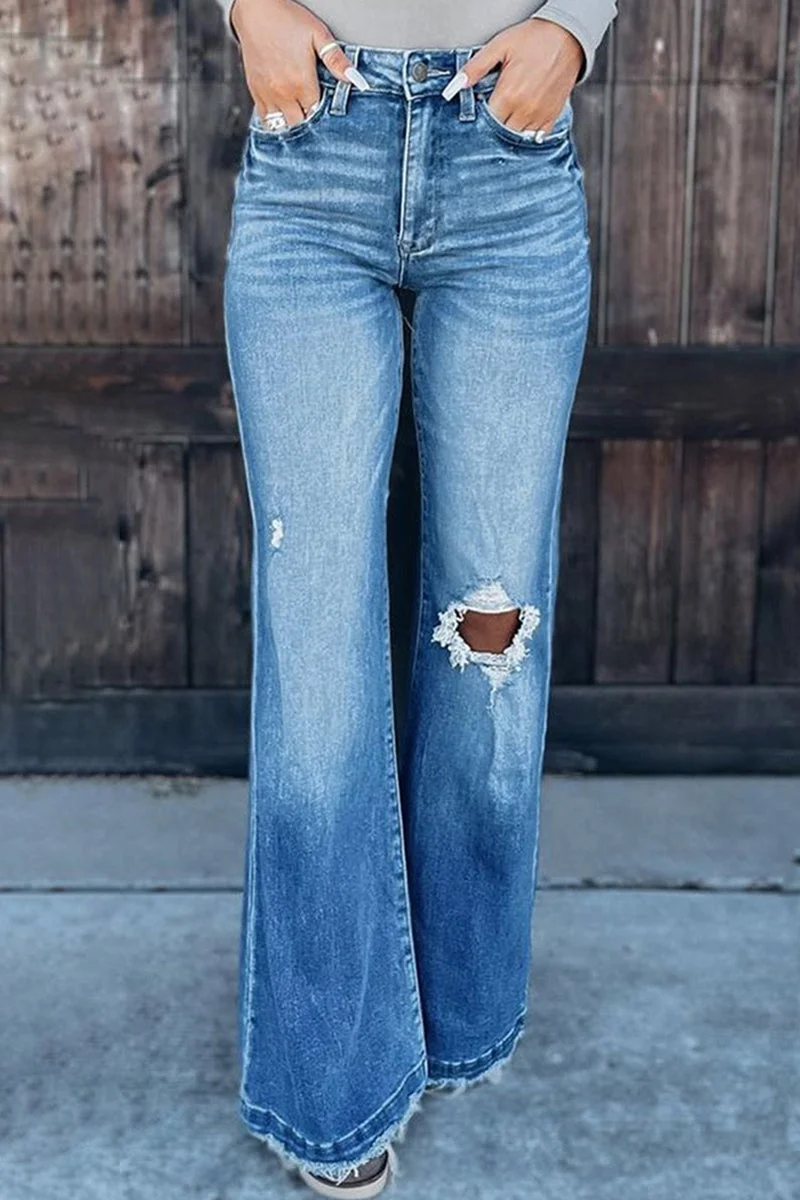 Street Solid Ripped High Waist Boot Cut Denim Jeans