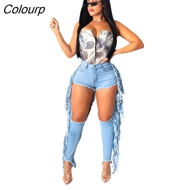 Colourp Diamonds Tassel Ripped Jeans for Women Hollow Out Trousers Sexy Blue Jeans for Women Foot Cut Pencil Pants Casual 2023