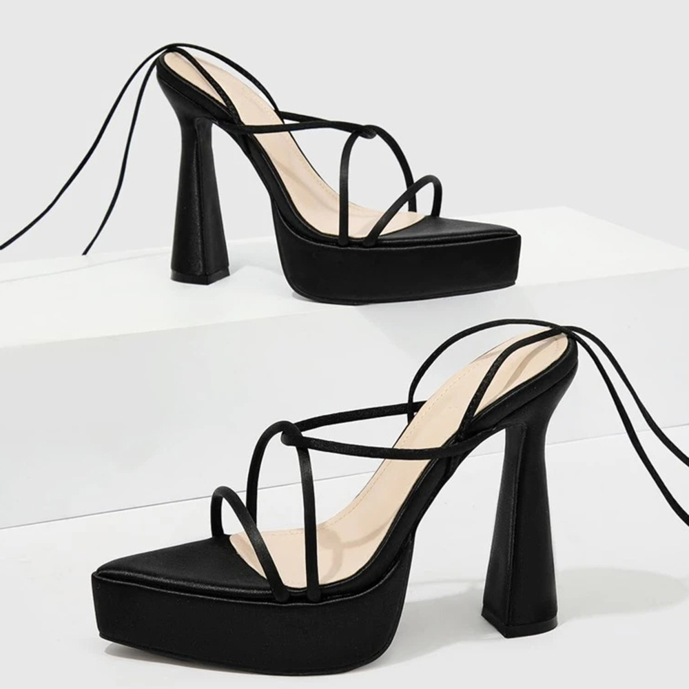Black Open Toe Flared Heel Lace Up Platform Sandals Nicepairs