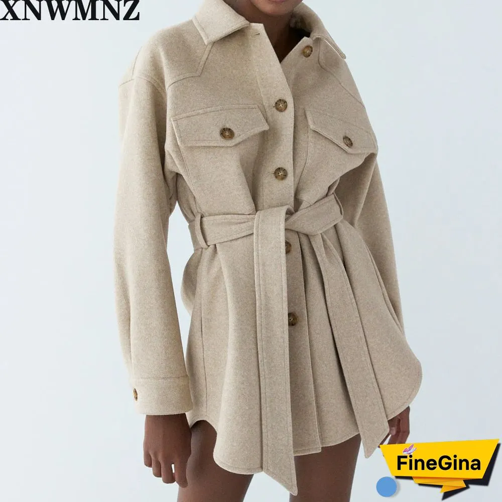 Women Fashion With Belt Loose Woolen Jacket Coat Vintage Long Sleeve Side Pockets Female Outerwear Chic Overcoat
