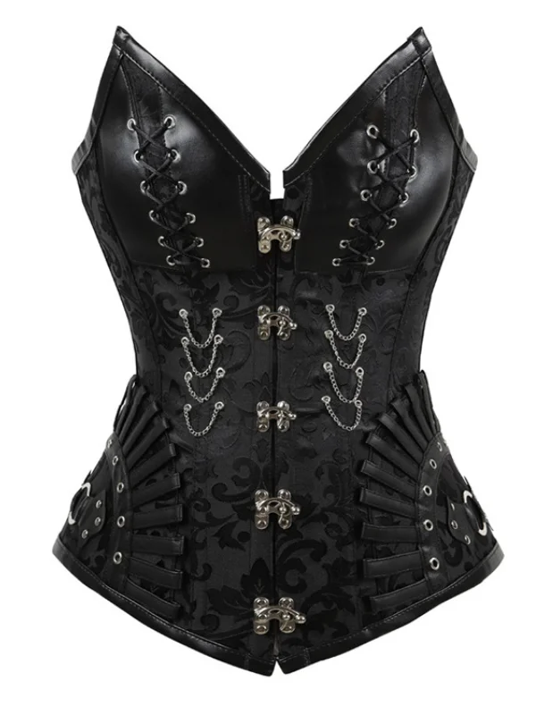 Gothic Dark Chain-trimmed Floral-embroidered Bandaged Sexy Sleeveless V Neck Lingerie