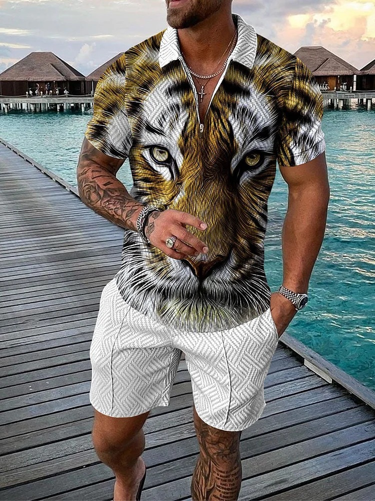 Men's Tiger Printed  Zip Polo Shirt and Shorts Two-Piece Suits