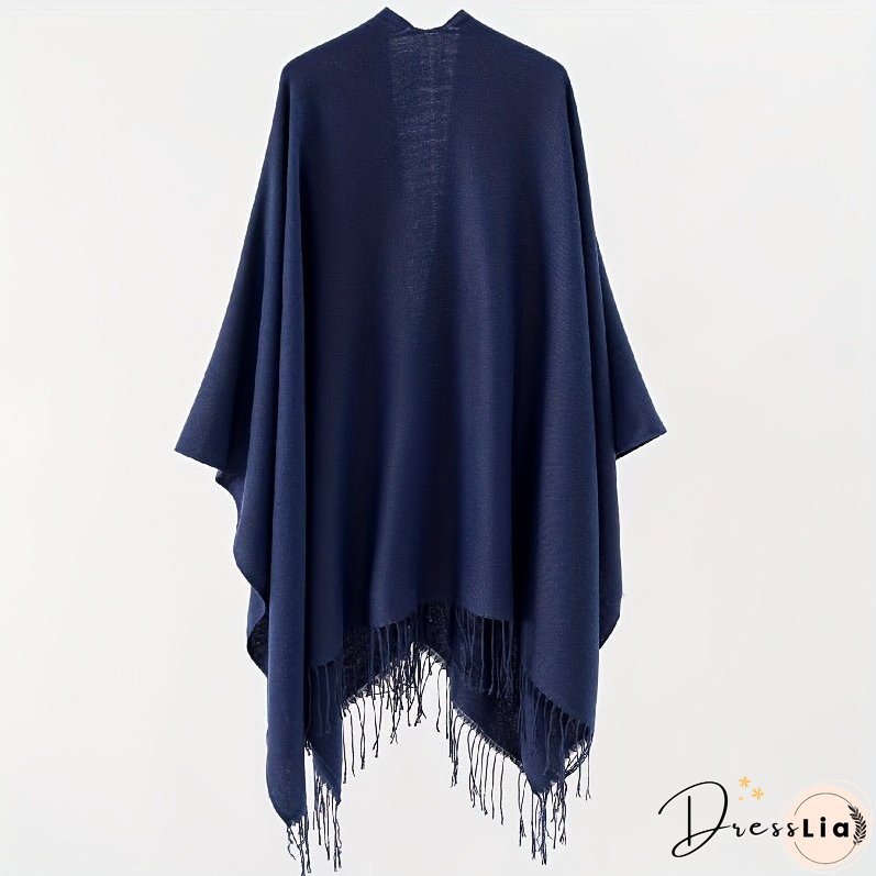 Solid Color Tassel Cardigan Poncho Simple Imitation Cashmere Open Front Large Shawl Women's Autumn Winter Outside Warm Coldproof Shawl Cape