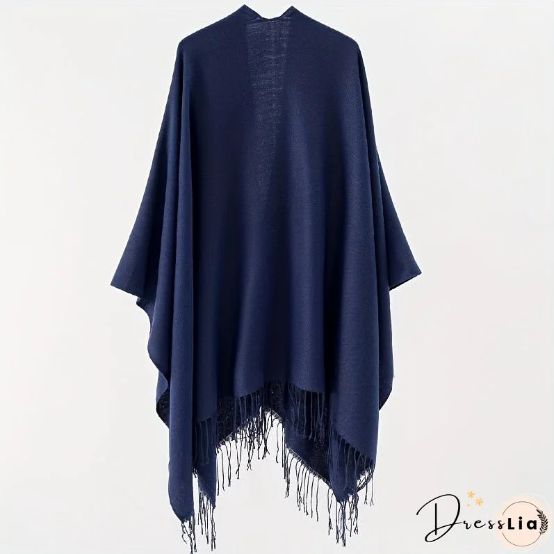 Solid Color Tassel Cardigan Poncho Simple Imitation Cashmere Open Front Large Shawl Women's Autumn Winter Outside Warm Coldproof Shawl Cape