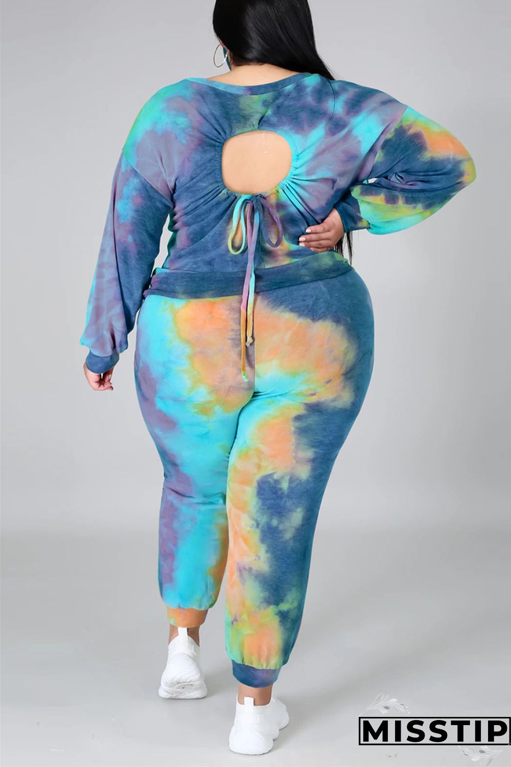 multicolor Fashion Casual Print Tie Dye Tie-dye Backless O Neck Plus Size Set