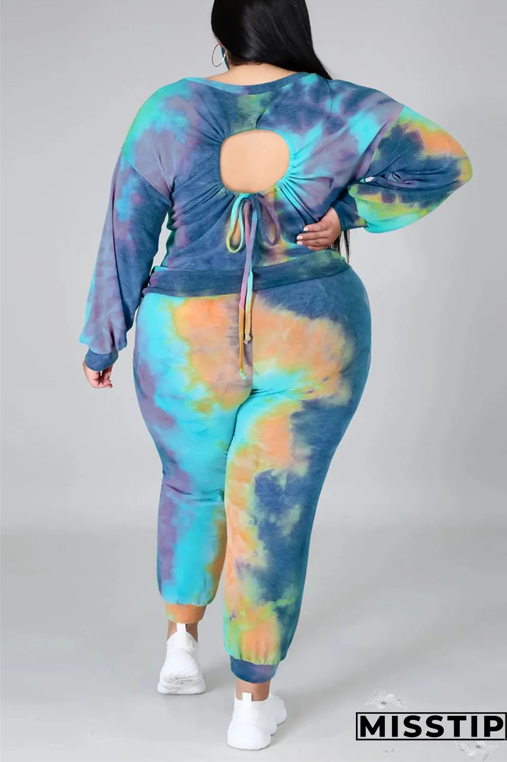 multicolor Fashion Casual Print Tie Dye Tie-dye Backless O Neck Plus Size Set