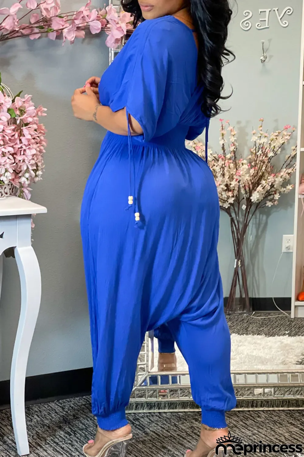 Tangerine Casual Solid Split Joint Frenulum V Neck Loose Jumpsuits