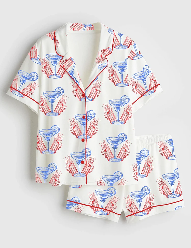 Women's Red White And Boozy Beer Cocktail Club 4th Of July Party Like It's 1776 Short Sleeve Satin Pajama Set
