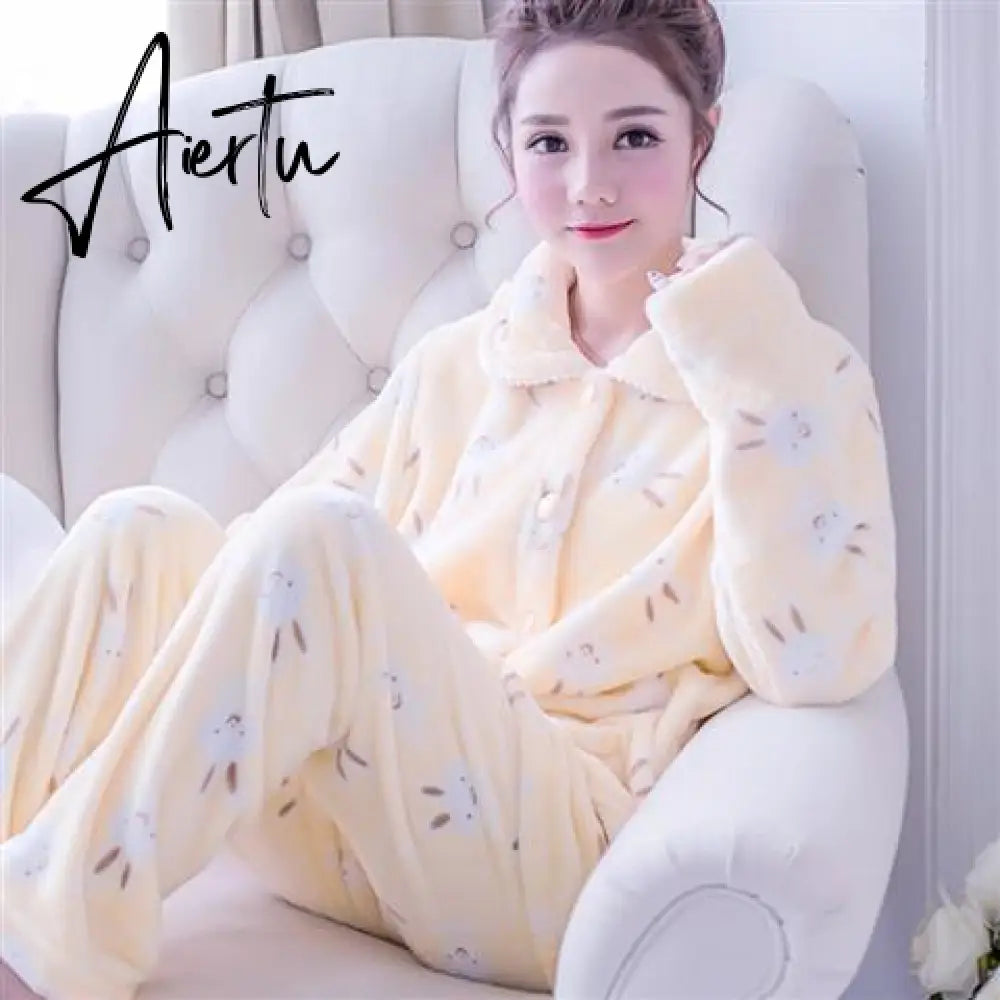Aiertu Women's Winter Pajamas Set Turn-down Collar Sexy Flower Embroidery Sleepwear Warm Flannel Pajama Casual Mom Big Size Homewear Aiertu