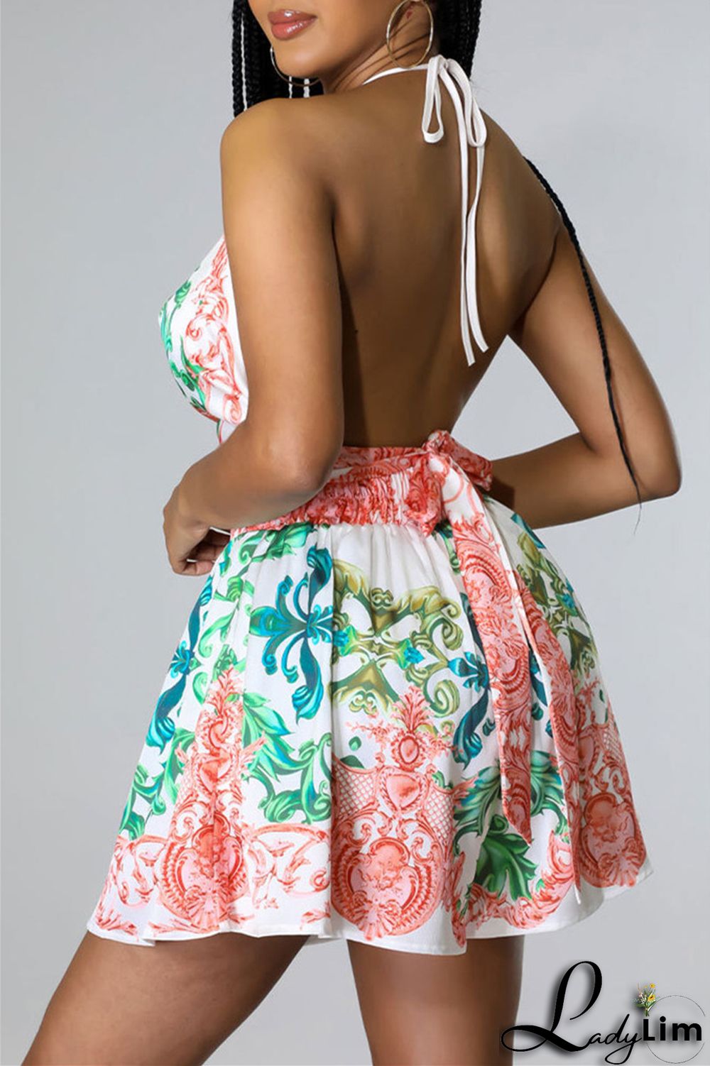 Blue Fashion Sexy Print Bandage Backless Halter Sleeveless Two Pieces