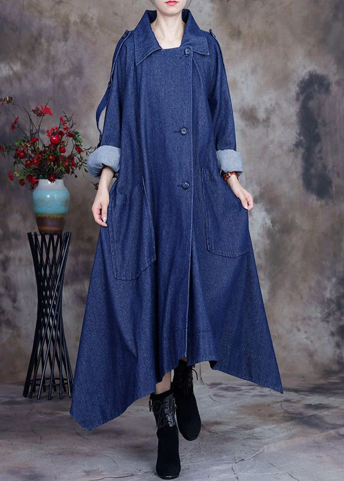 Fashion Blue asymmetrical design button Peter Pan Collar Cotton denim trench Coats