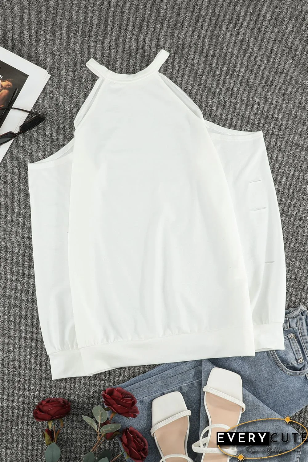 White Hollow Out Off-the-shoulder Long Sleeve T-shirt