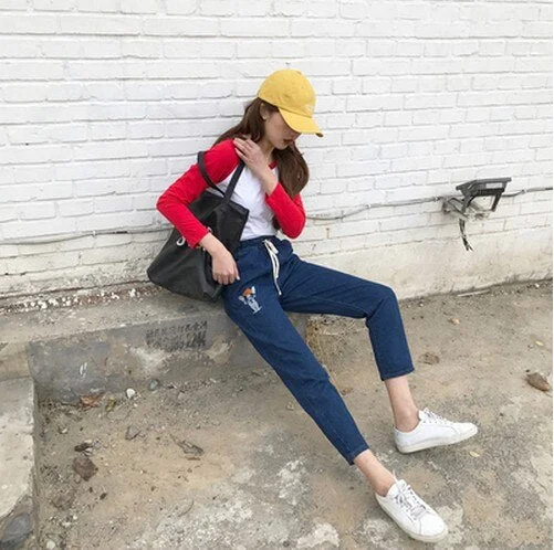 Jeans Women Cat Printed Kawaii Simple Korean Style Zipper Fly Breathable Soft Trendy Leisure Pockets Jean Womens Lovely Chic