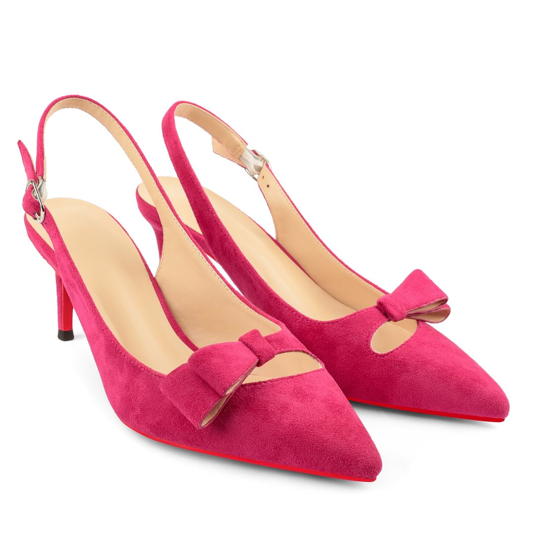 65mm Women's Pointed Toe With Bows Kitten Stillettos Slingback Red Bottoms Prom Suede Sandals-vocosishoes