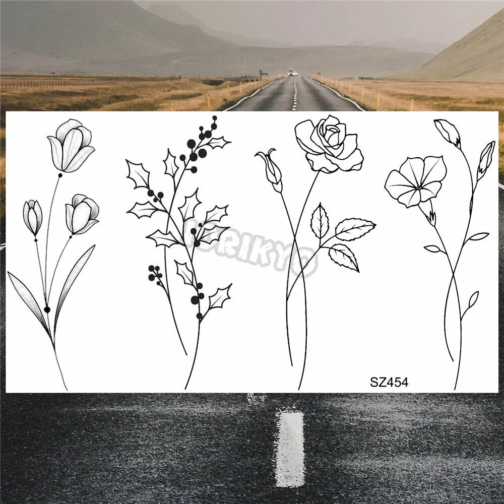 Black Poppy Flower Temporary Tattoos For Women Kids Realistic Lavender Plum Waterproof Fake Tattoo Sticker Tattoo Arm Body