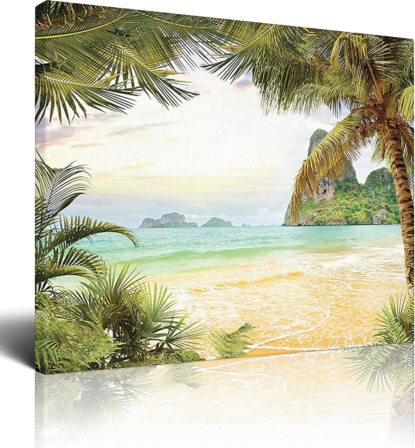 Ocean Wall Art,Island Beach Image,Gift Canvas Picture For Bedroom Living Room Bathroom Office Wall Decor Framed Home Decorations Ready To Hang,Green Brown - 12x16 Inch 12x16 Inch