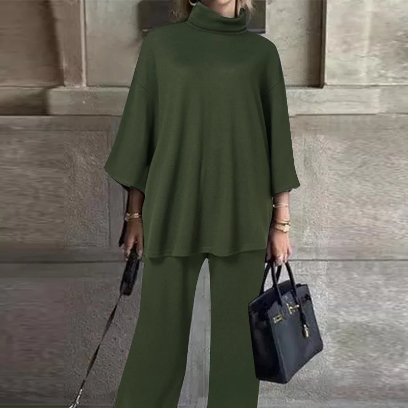Celmia 2022 Fashion Women 2 Pieces Autumn Pant High Set Collar 3/4 Sleeve Tops and Wide Leg Long Pants Casual Loose Solid Suits
