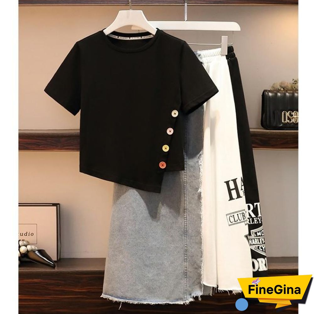 Single-breasted T-shirt+Patchwork Skirt P14814