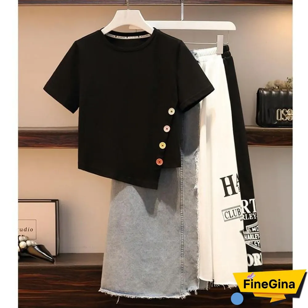 Single-breasted T-shirt+Patchwork Skirt P14814
