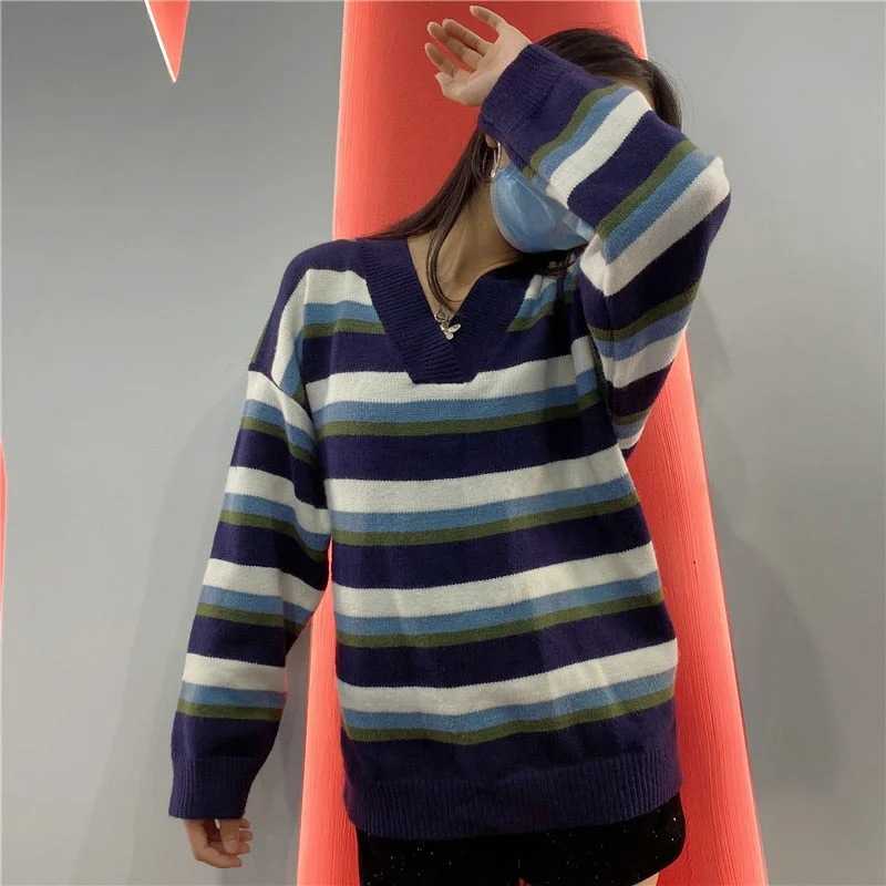 Autumn Chic Stylish Ladies Pullovers Soft Knitted Ins Harajuku Jumper V-Neck Knitted Sweaters Women Loose Striped Tops