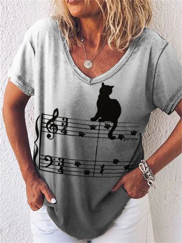 Cat Paw Print Music Notes Gradient V Neck T Shirt