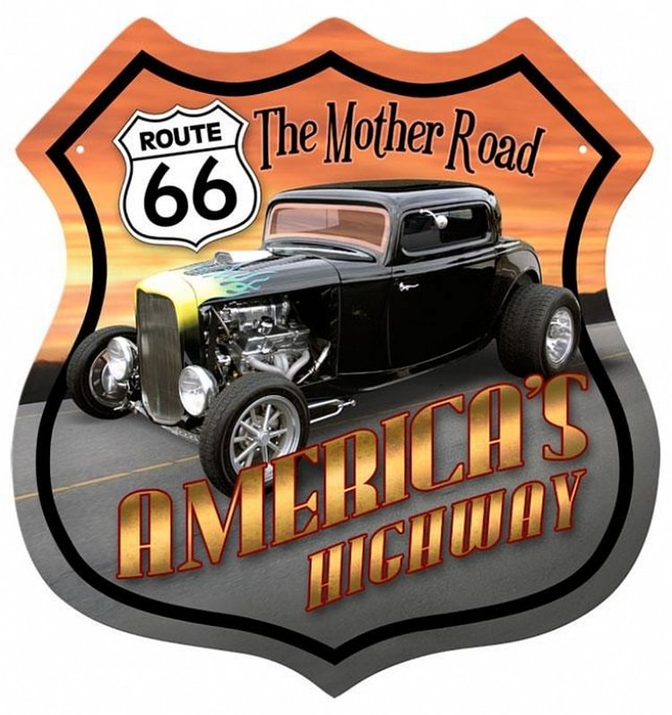 30*30cm - Route 66 Hotrod - Shield Tin Signs/Wooden Signs