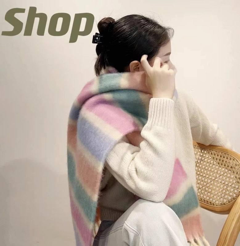 Latest Mohair Striped Tassel Scarf Fashion Geometric Gradient Shawl Japanese And Korean Versatile Thickened Scarf