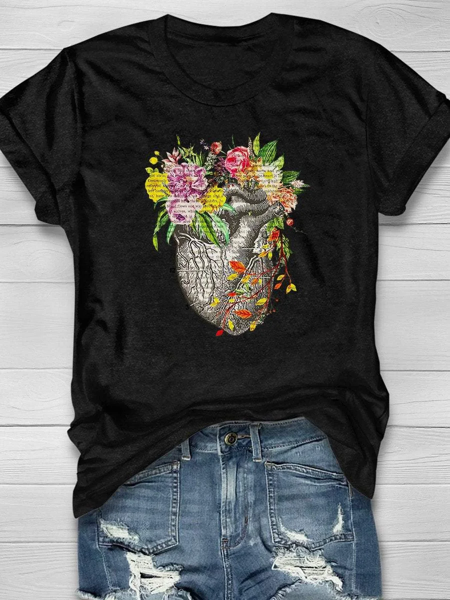 Heart Flower Anatomy Print Short Sleeve T-shirt