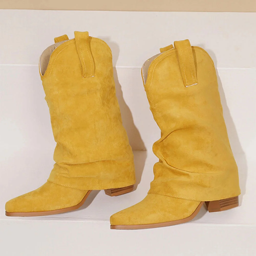 Block Heel Snip Toe Yellow Fold Over Cowgirl Boots for Women