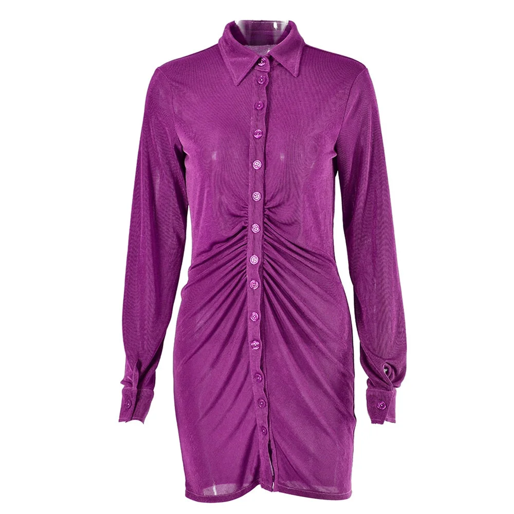 wsevypo Autumn Office Lady Solid Color Mini Shirts Dress Party Vestidos Women's Long Sleeev Button down Ruched Bodycon Dress