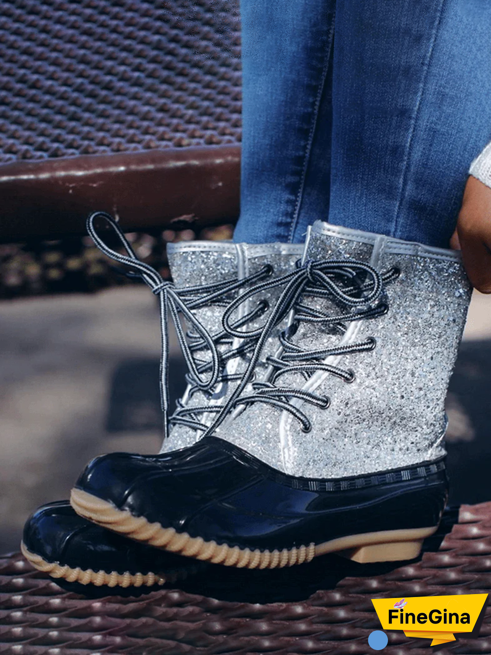 Glitter Leopard Contrast Panel Duck Bill Rain Boots