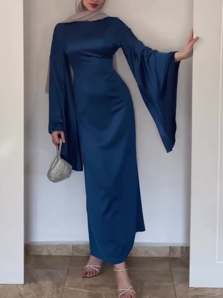 Solid Color Elegant Waist Satin Bell Sleeve Dress | Oxredo Shop Ramadan Sale