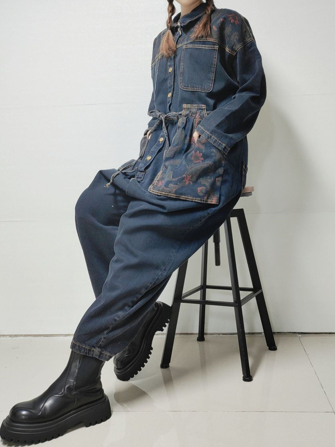 Women's Floral Printed Gradient Casual Retro Wide-leg Workwear Denim Overalls Jumpsuit