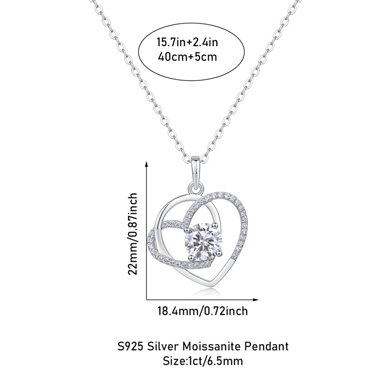  Fashion 925 Silver Color D White 1ct Moissanite Double Heart Necklace Charms Women Party Jewelry Gift 