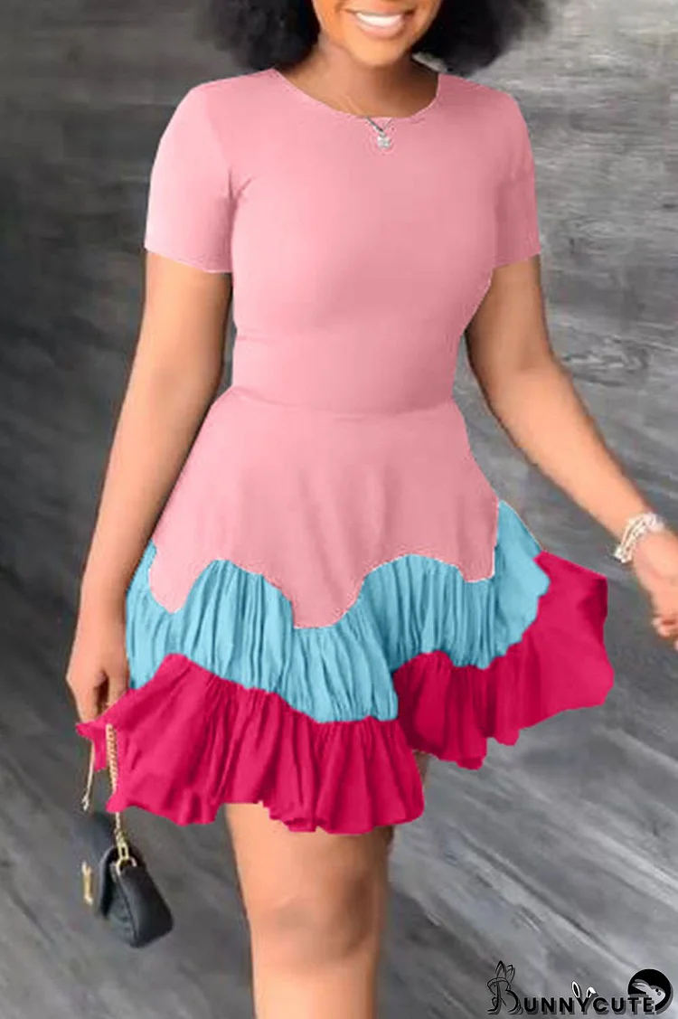 Pink Casual Elegant Solid Patchwork Fold O Neck A Line Dresses