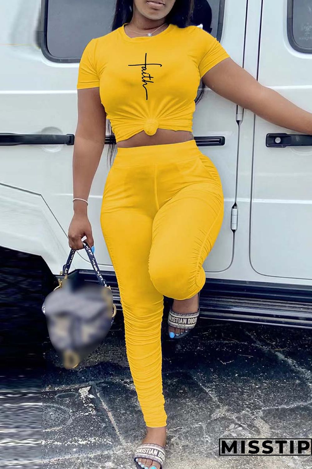 Orange Casual Print Fold O Neck Short Sleeve Two Pieces