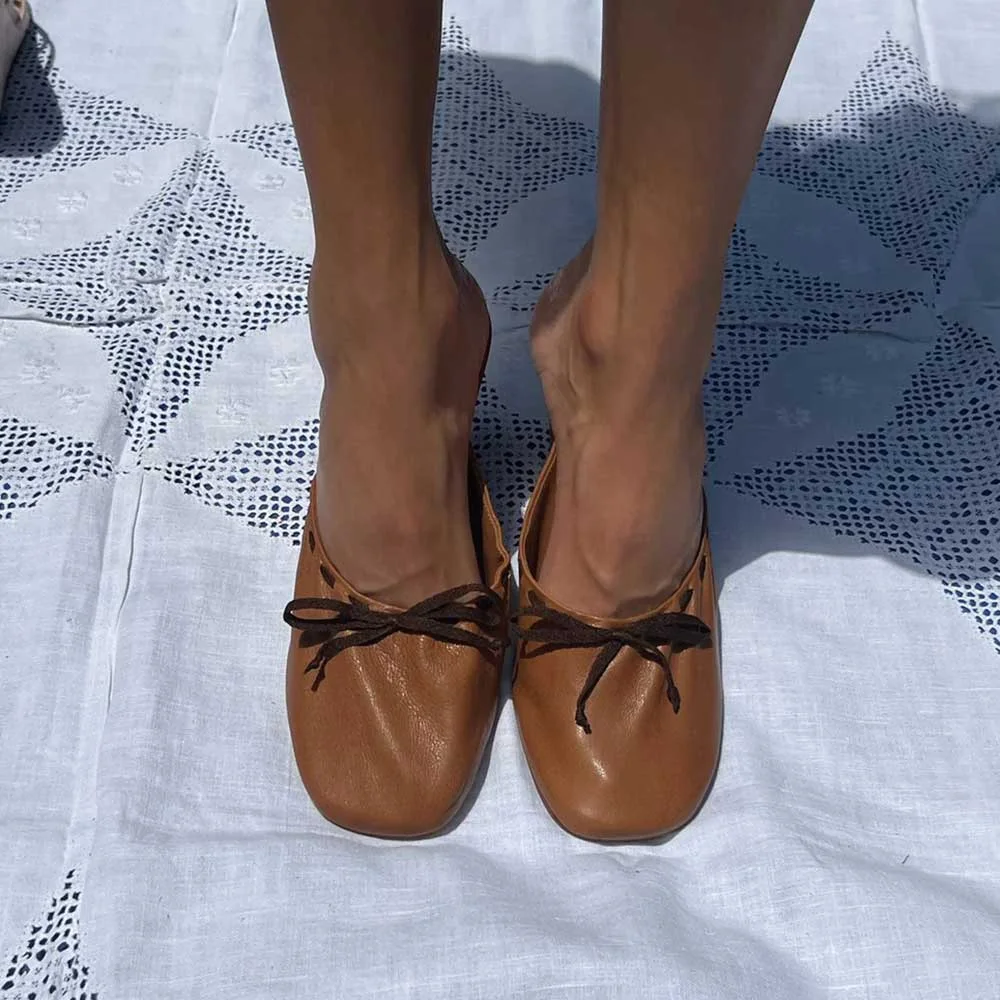 Brown Faux Leather Square Toe Wedge Heel Mules for Women with Bow