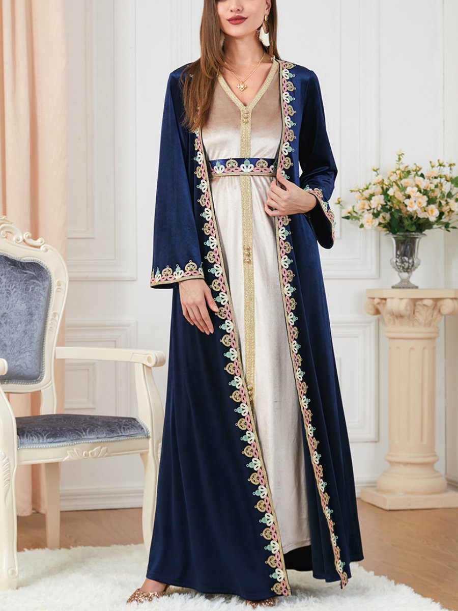 Velvet Embroidery Print Solid Color Dress and Blue Outerwear Set | Oxredo Shop Ramadan Sale