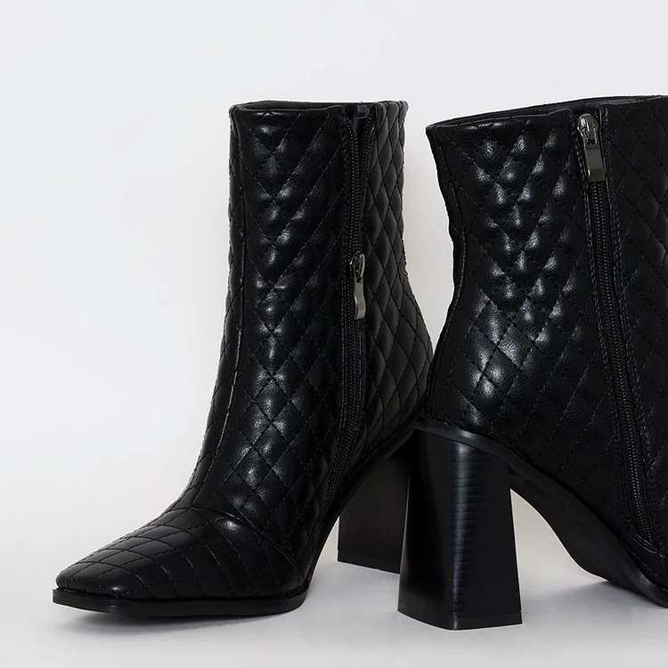 Black Zipper Chunky Heel Boots Square Toe Mid Calf Boots |FSJ Shoes