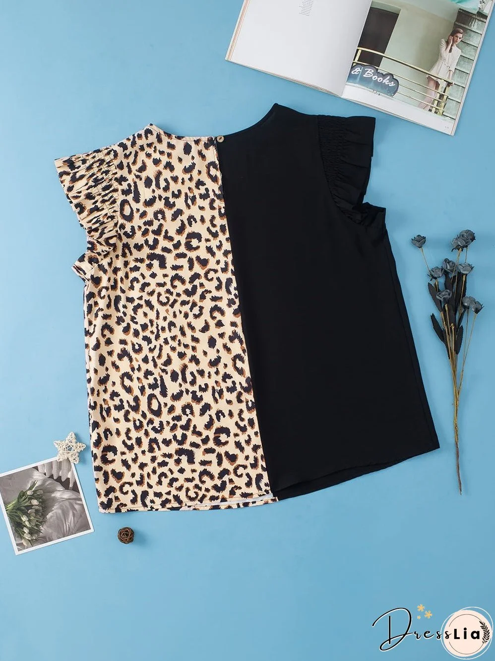 Elegant Black Leopard Ruffle Sleeve Plus Size Top