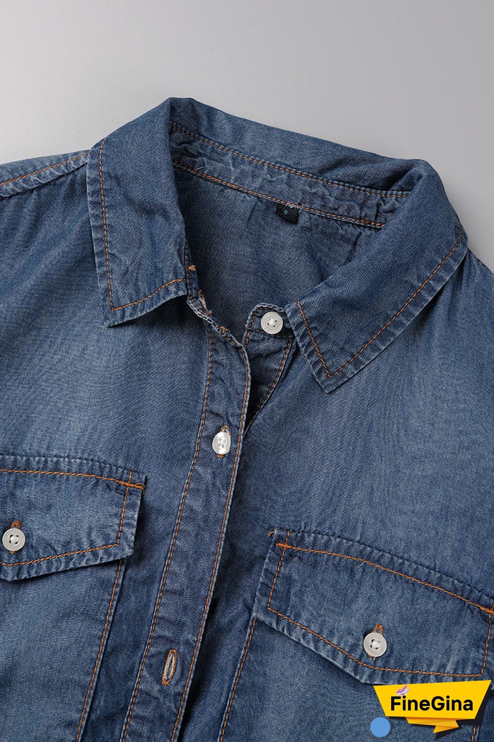 Blue Casual Solid Slit Turndown Collar Tops