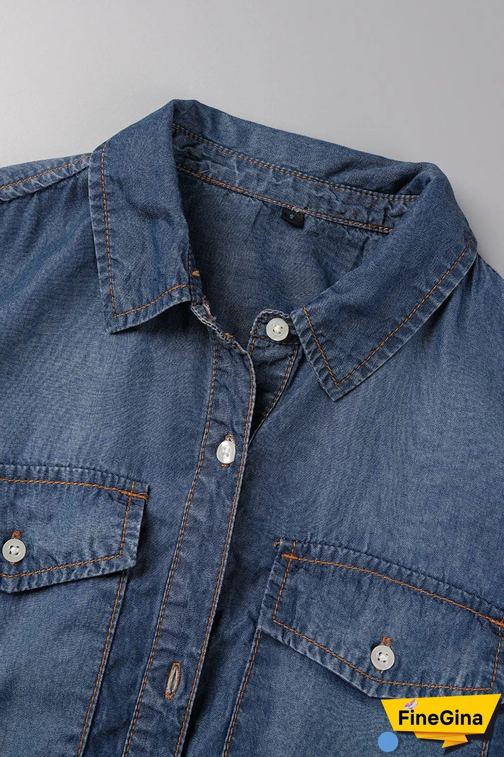 Blue Casual Solid Slit Turndown Collar Tops