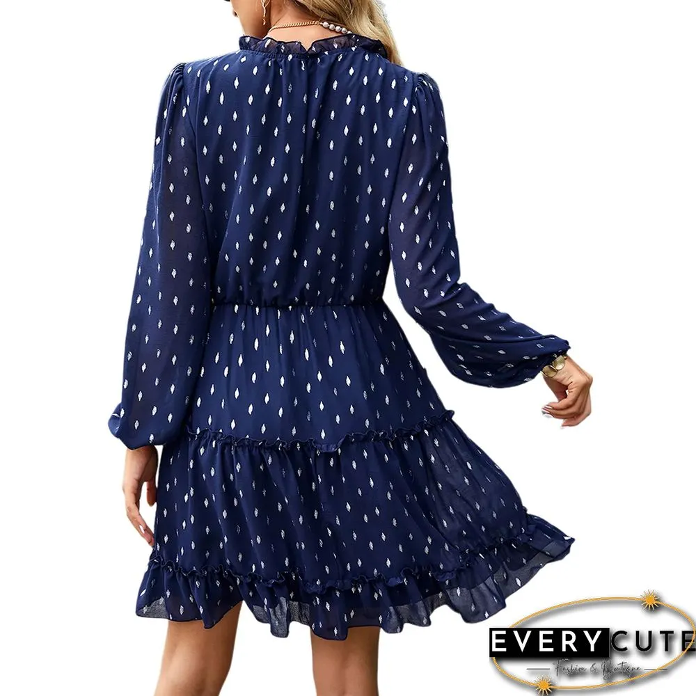 Navy Blue Lace-up Ruffle Detail V Neck Casual Dress
