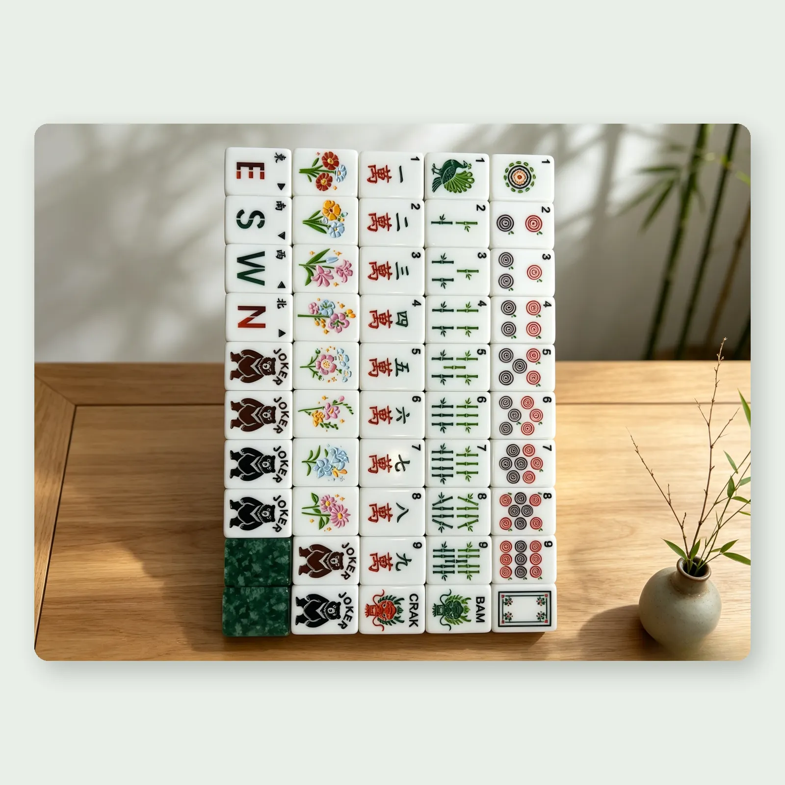 Enchanted Forest American Mahjong tiles in a styled setting