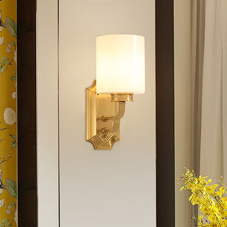 Drum Opal Glass Wall Mount Lighting Modern Stylish 1 Light Living Room Wall Sconce Fixture in Brass