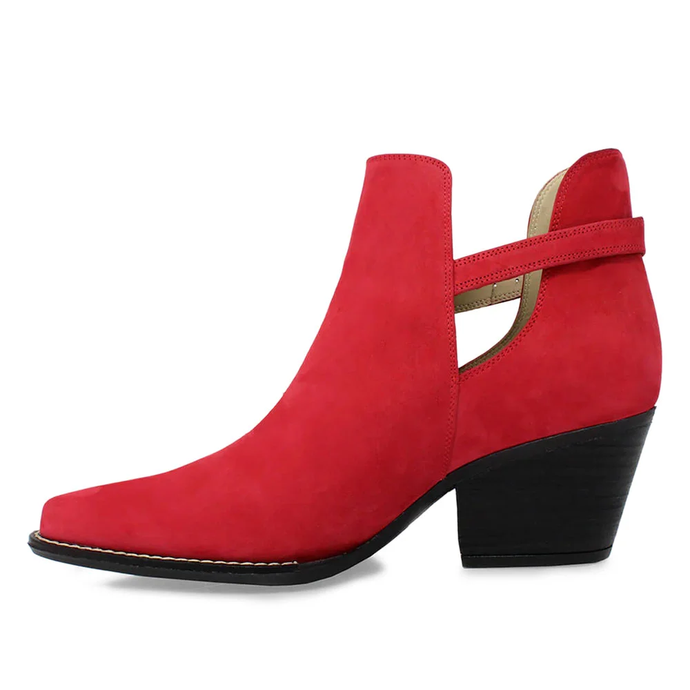 Red Vegan Suede Buckle Strap Chunky Heel Cut-Out Booties for Women