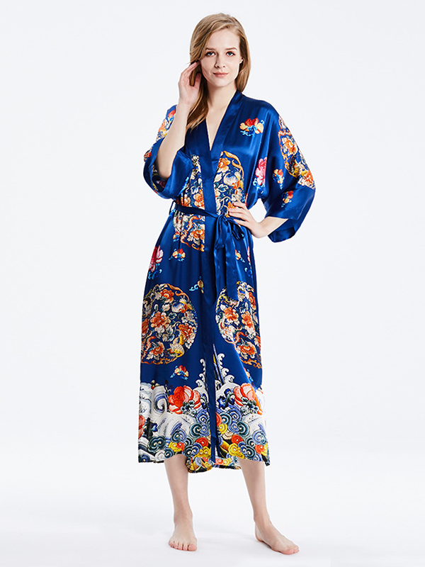 19 MOMME Kimono en soie imprimé traditionel bleu - grande taille-Soie Plus
