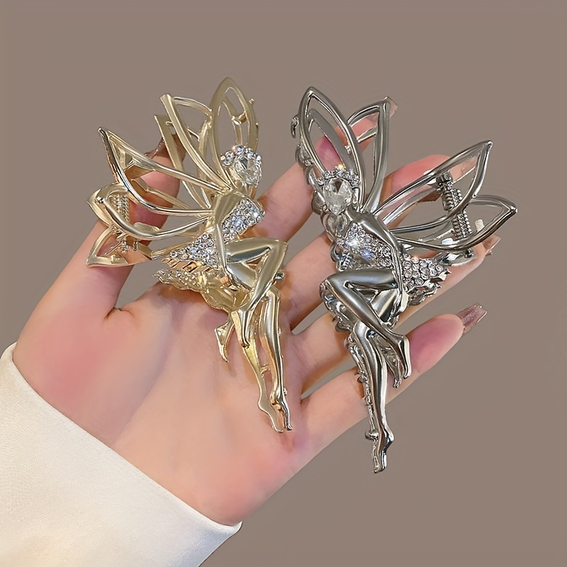 Elegant Hair Clip With Diamond-studded Dancing Butterfly Wings, Stylish Shark Hair Clip With Golden Disc For The Back Of The Head, Fashionable Hair Accessory For Women