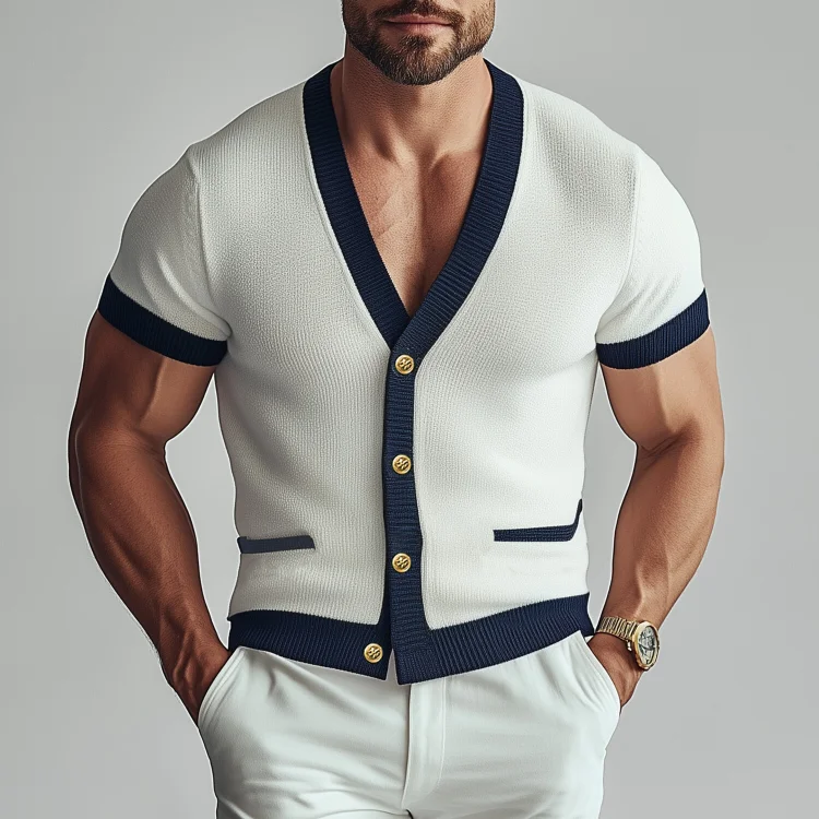Okaywear V Neck Button Short Sleeve Contrast Binding Knit Shirt Okaywear