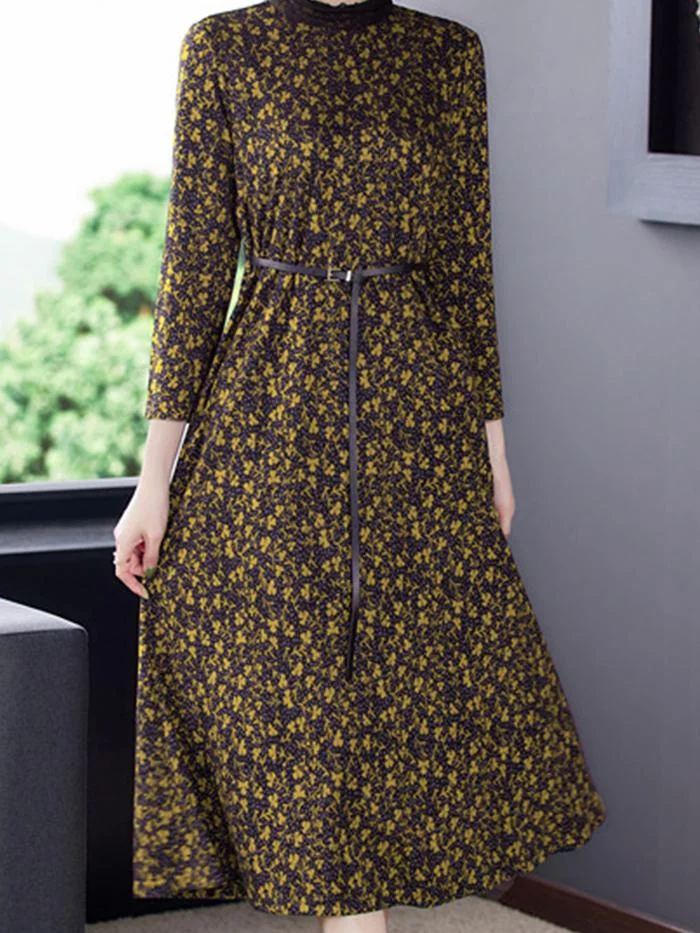 Fashion Floral Knit Mid-length Dress